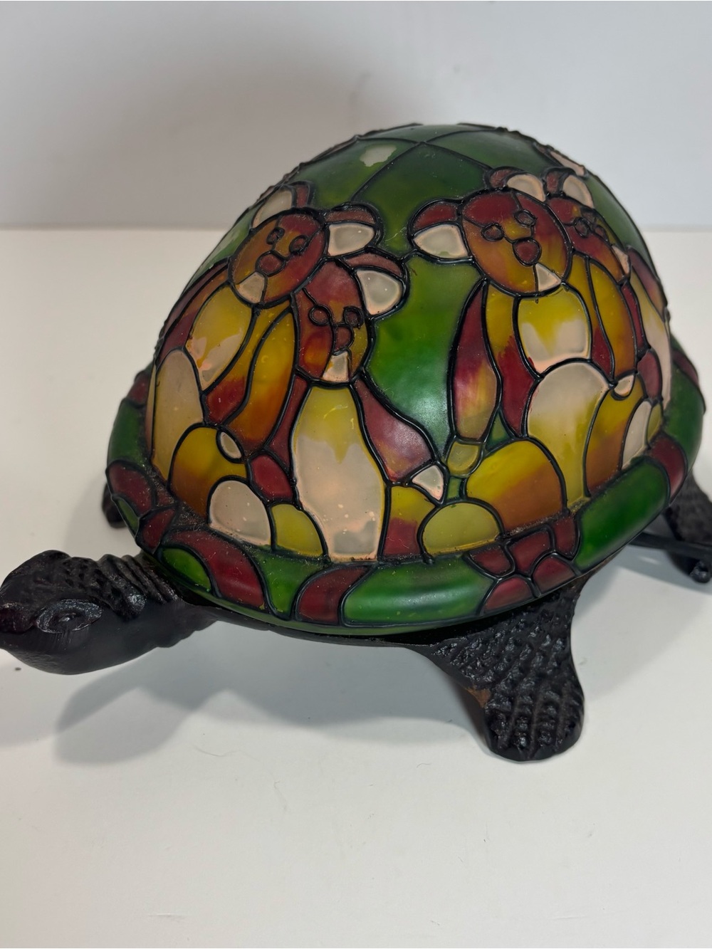 Vtg Brass Bronze Tiffany Style Turtle Accent Lamp Night Light Teddy Bears - Read